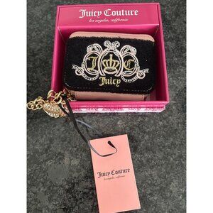 Juicy Couture Black Pink Velvet Crown Embroidered Coin Purse  Gold Chain Charm